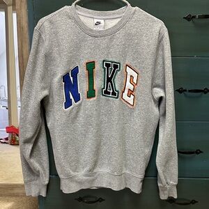 Nike Men's Gray Crewneck Sweater with Multicolor Logo